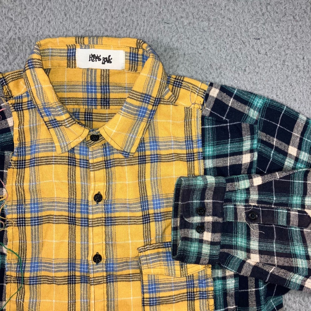 Patchwork Flannel Shirt Women L Cropped Colorblock Plaid Grunge Punk Raw‎ Hem